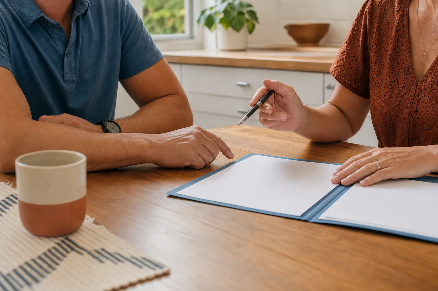 Two people calmly reviewing property information at a kitchen table
